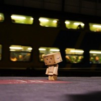 Danbo is making sure she's standing on the right Thalys spot as a train goes past.