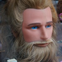 Practice head in a salon window