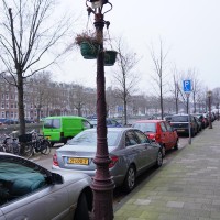 Hanging flower baskets on the street light pole.