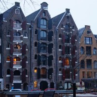 Converted warehouses with shutters.