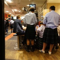 Scottish stag party on a pit stop at Kentucky Fried Chicken. See the red face?