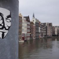 Guy Fawkes mask, sign of the "Anonymous" and "Occupy" groups.