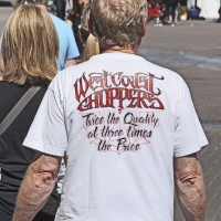 He could only afford the t-shirt, not not the whole motorbike