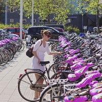 Beautiful girl able to find her bike among all the others