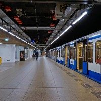 Converging lines of the south-bound metro in Amsterdam Centraal Station.