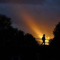 A single ray of light illuminates a girl walking along the Amstel River in Amsterdam